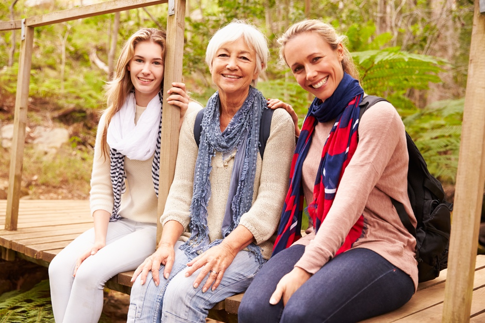 Three,Generations,Of,Women,Sitting,In,A,Forest,,Portrait